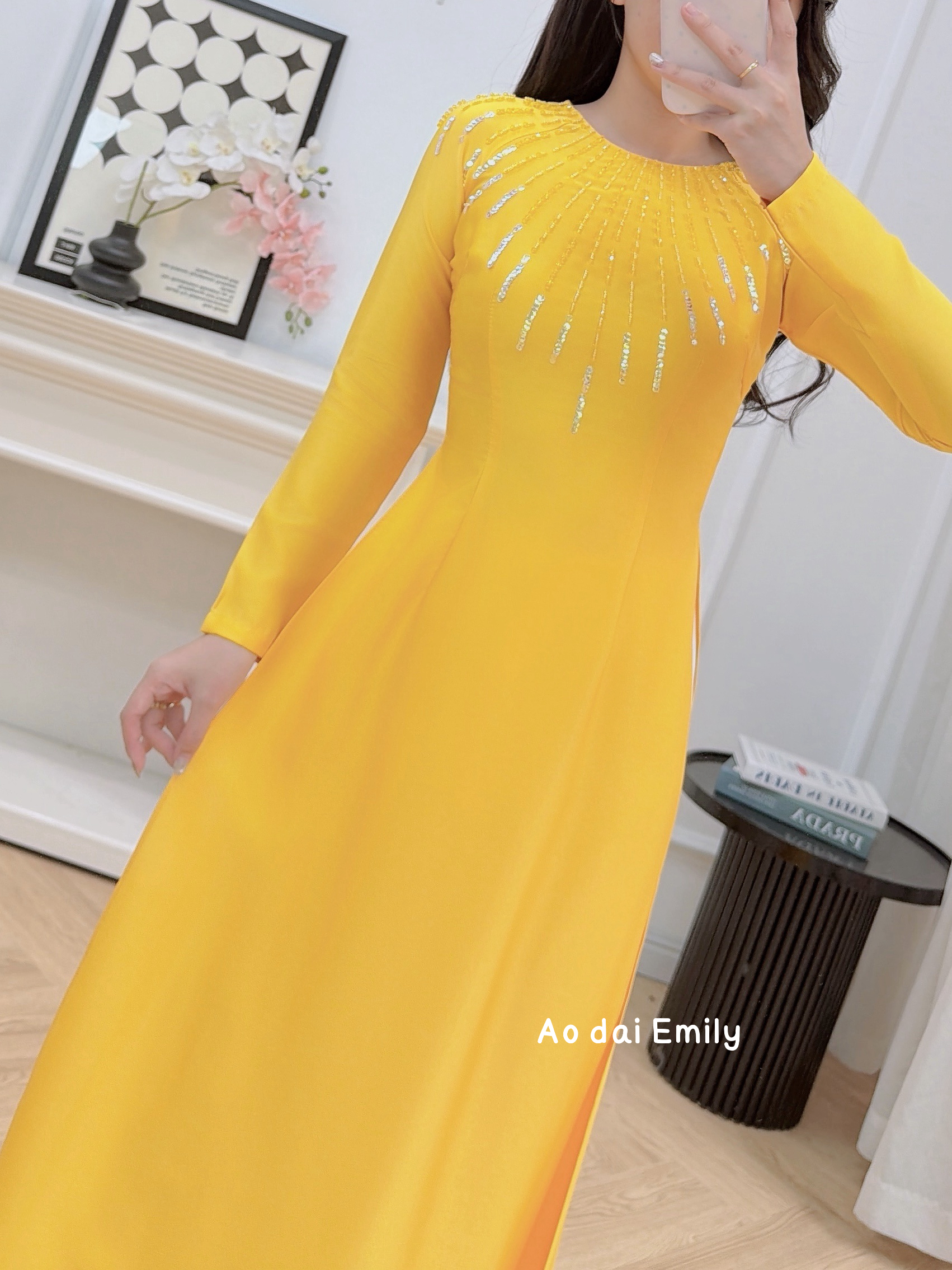 Yellow tradition Ao dai with designed crystals collar| Red hot pocker