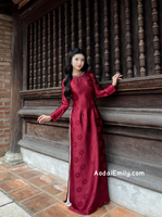 ELYSE Burgundy Ao Dai Gấm with crystals round collar