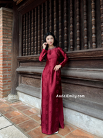 ELYSE Burgundy Ao Dai Gấm with crystals round collar