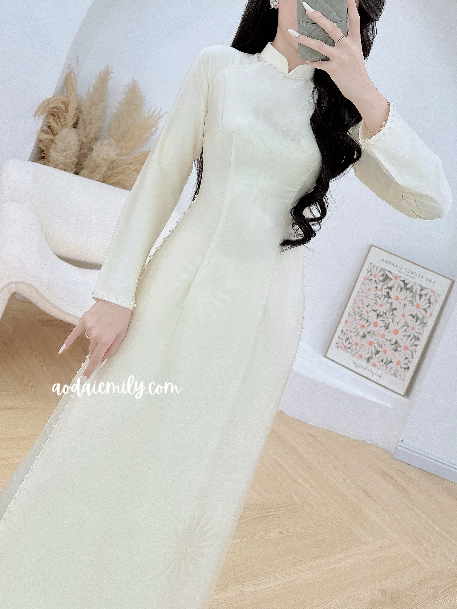 Cream ao dai with pearls
