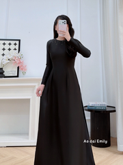 Plain Black ao dai with simple crystals rhinestones|  Quesnella