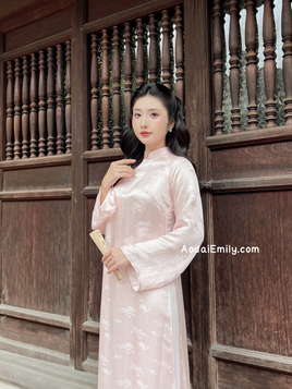 KENDRA Pastel Pink Mulberry silk ao dai with Daisy patterns