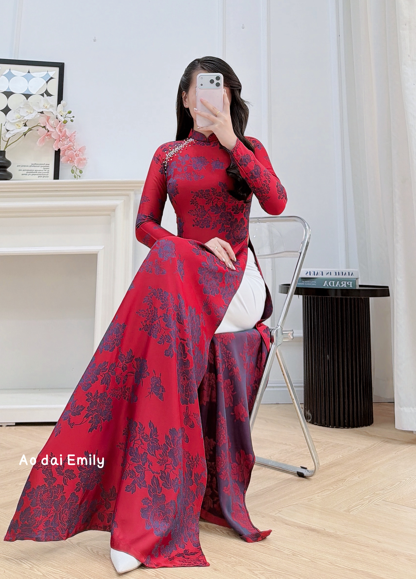 Burgundy Ao Dai Gấm with crystals collar | Red Campion