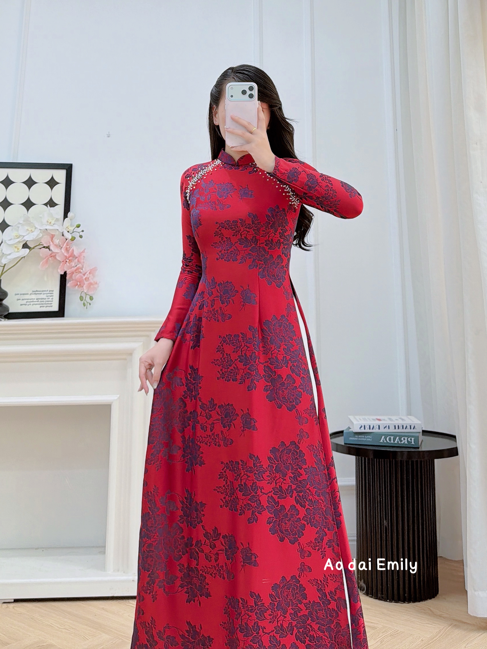 Burgundy Ao Dai Gấm with crystals collar | Red Campion