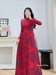 Burgundy Ao Dai Gấm with crystals collar | Red Campion