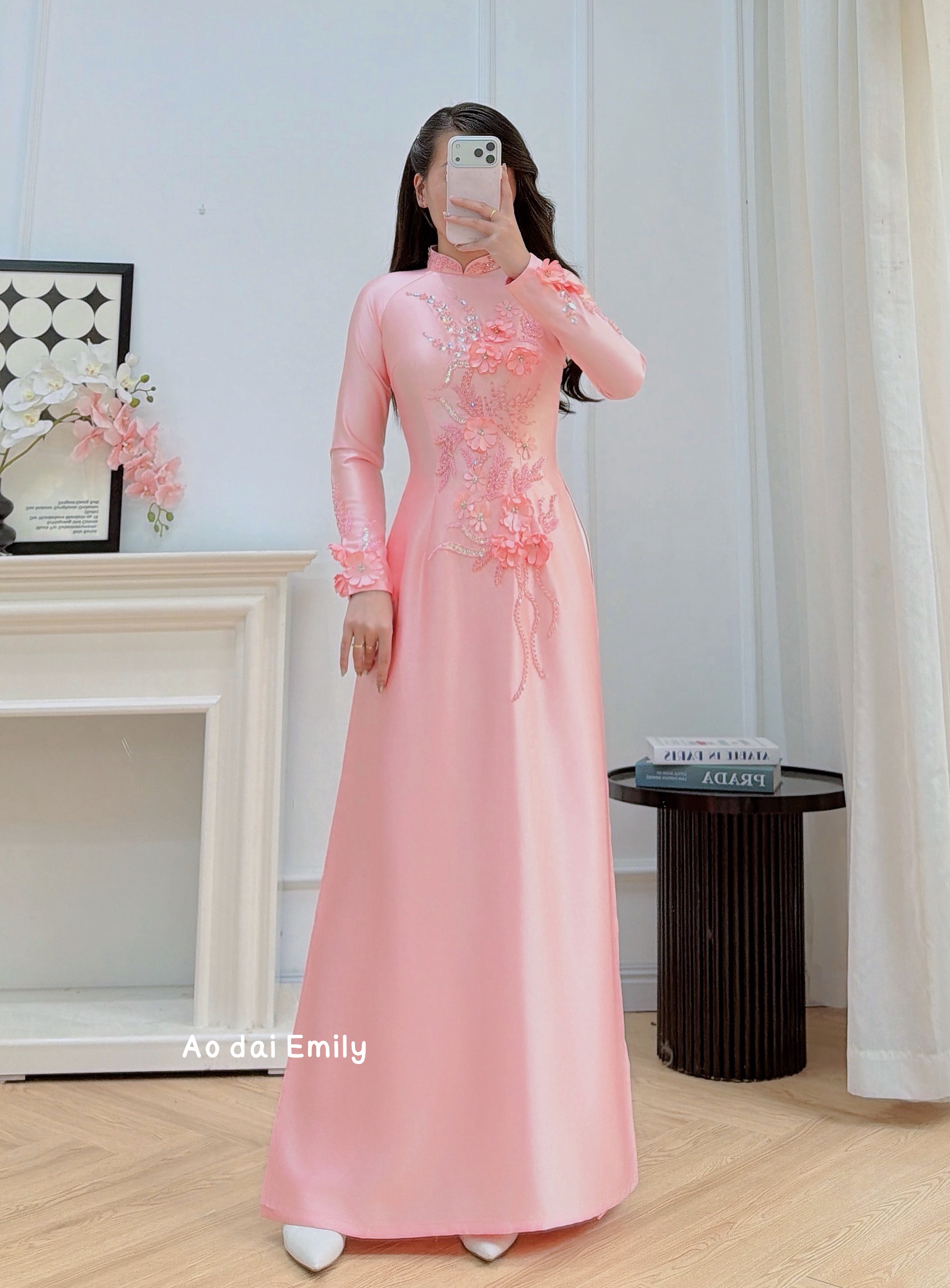 Traditional ao dai with 3D Flowers and crystals| Queen of the night