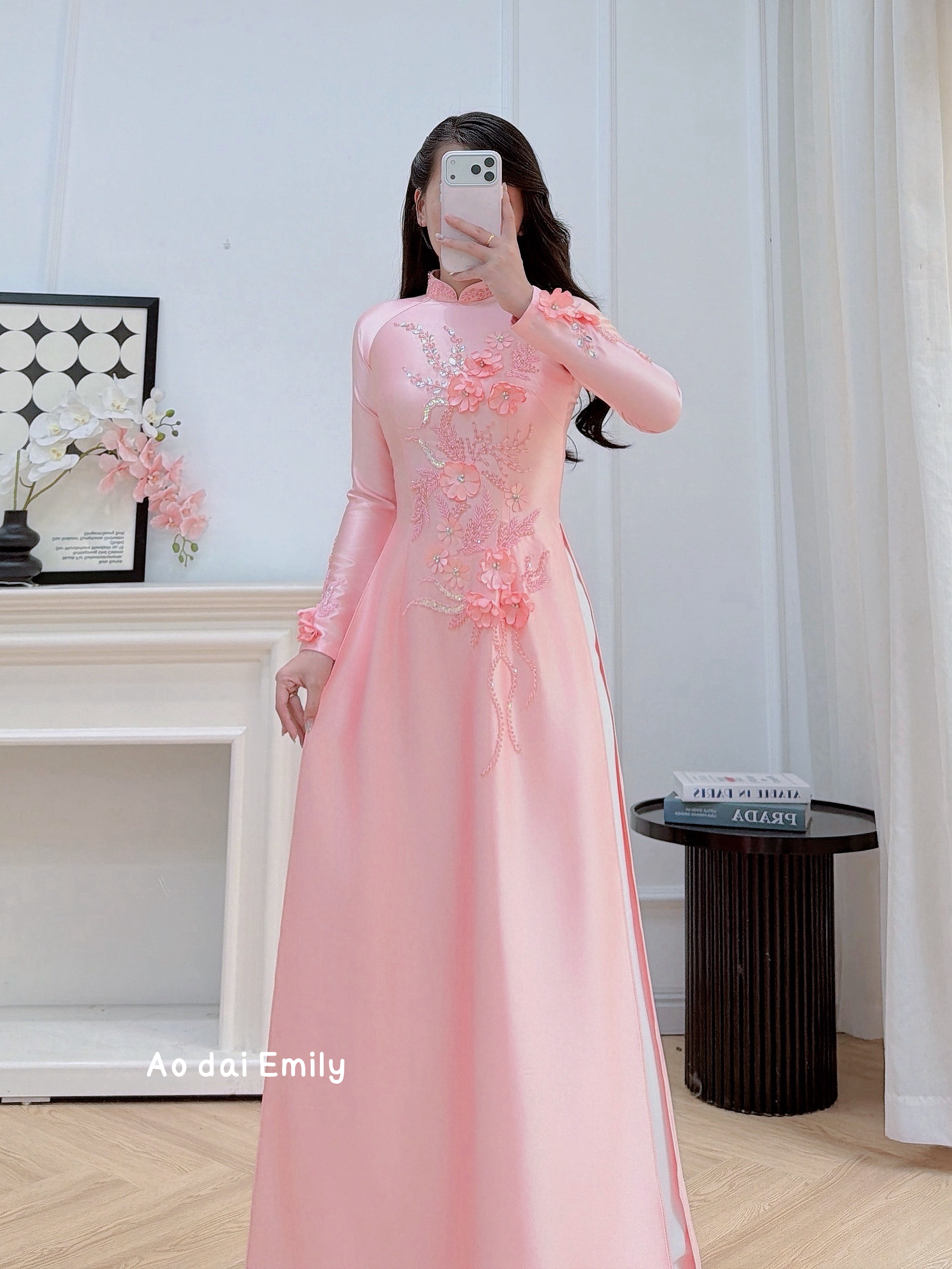 Traditional ao dai with 3D Flowers and crystals| Queen of the night