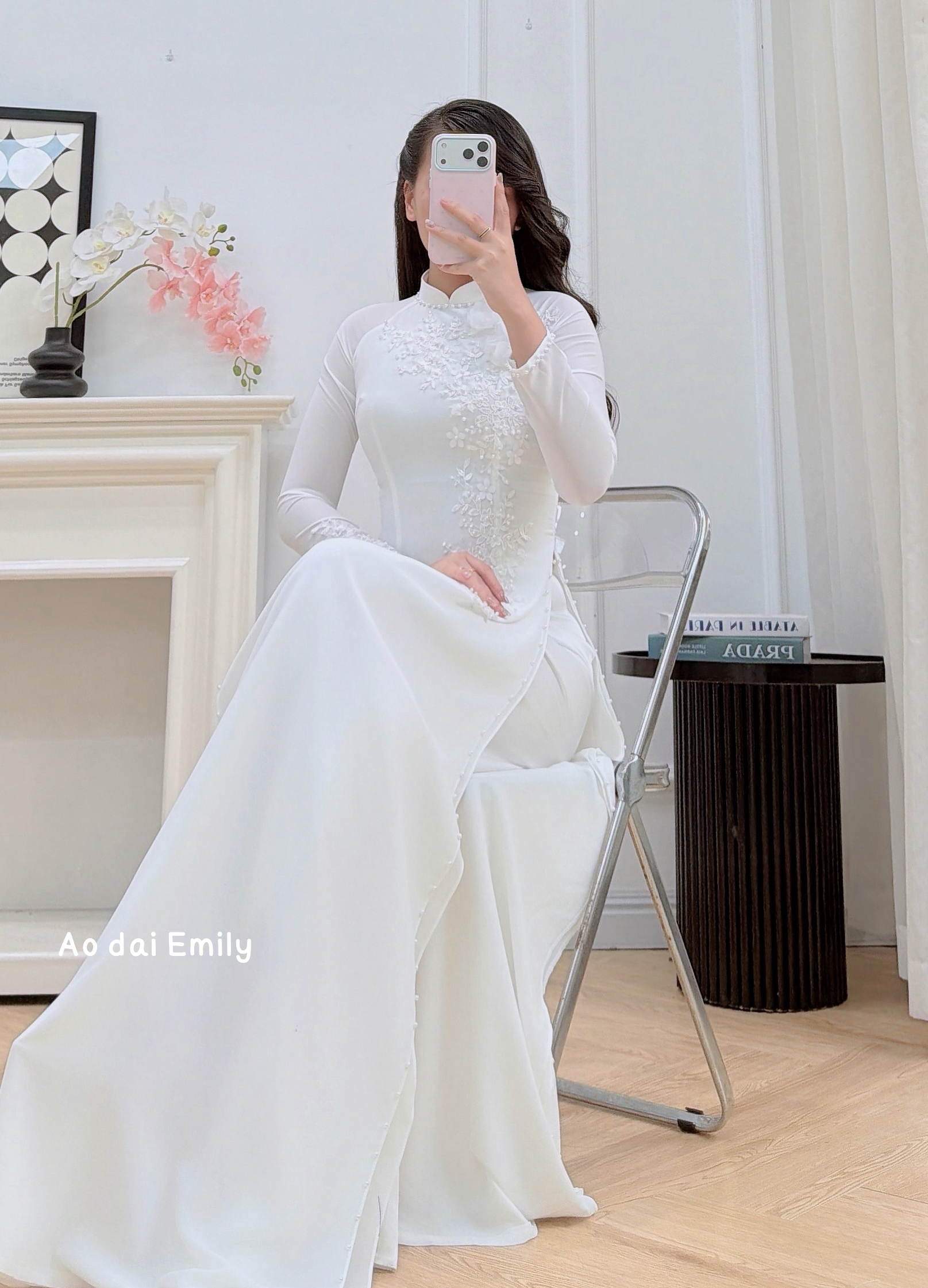 White Ao dai with designed crystals, pearls and 3D flowers| White cactus
