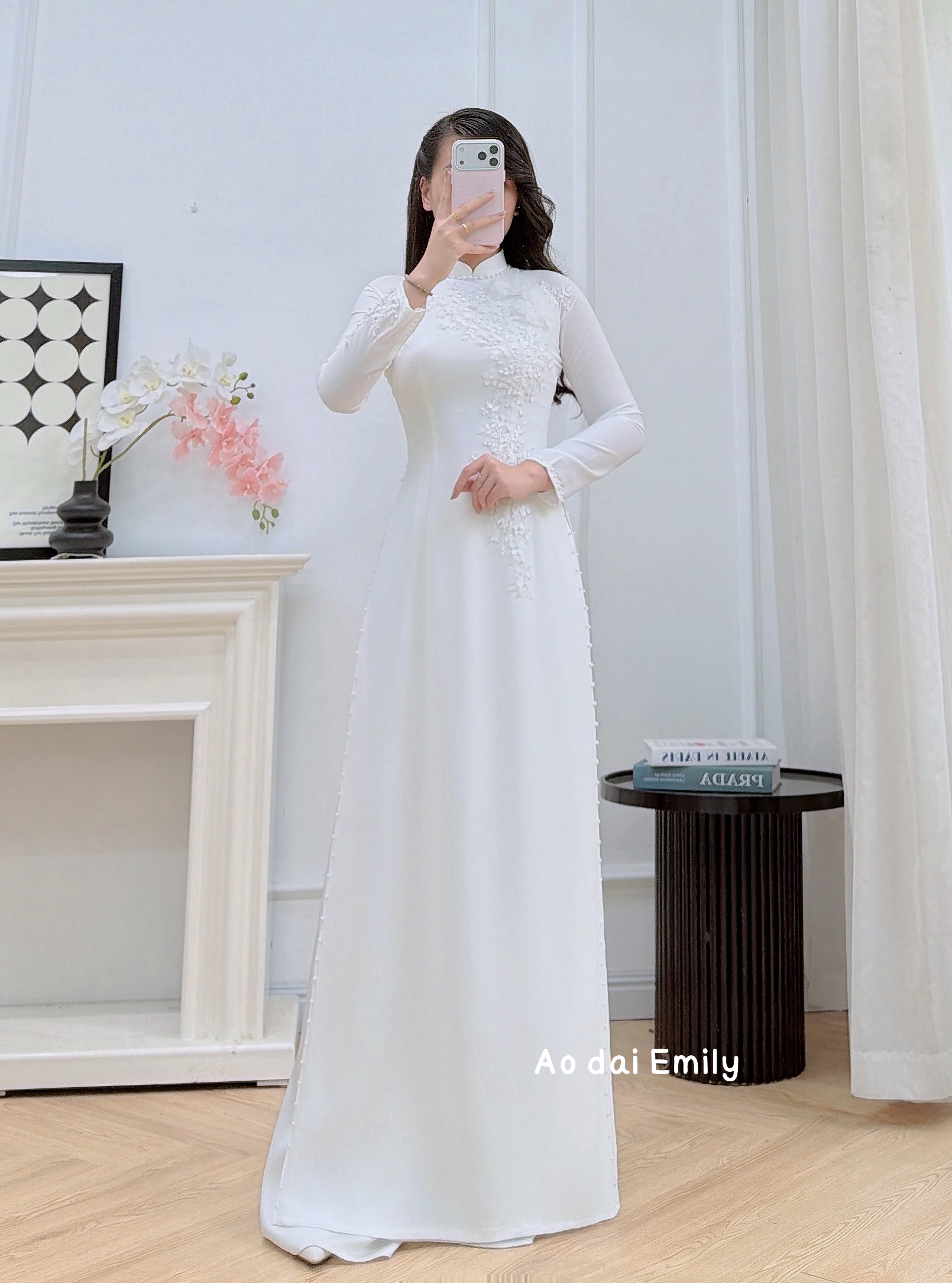 White Ao dai with designed crystals, pearls and 3D flowers| White cactus