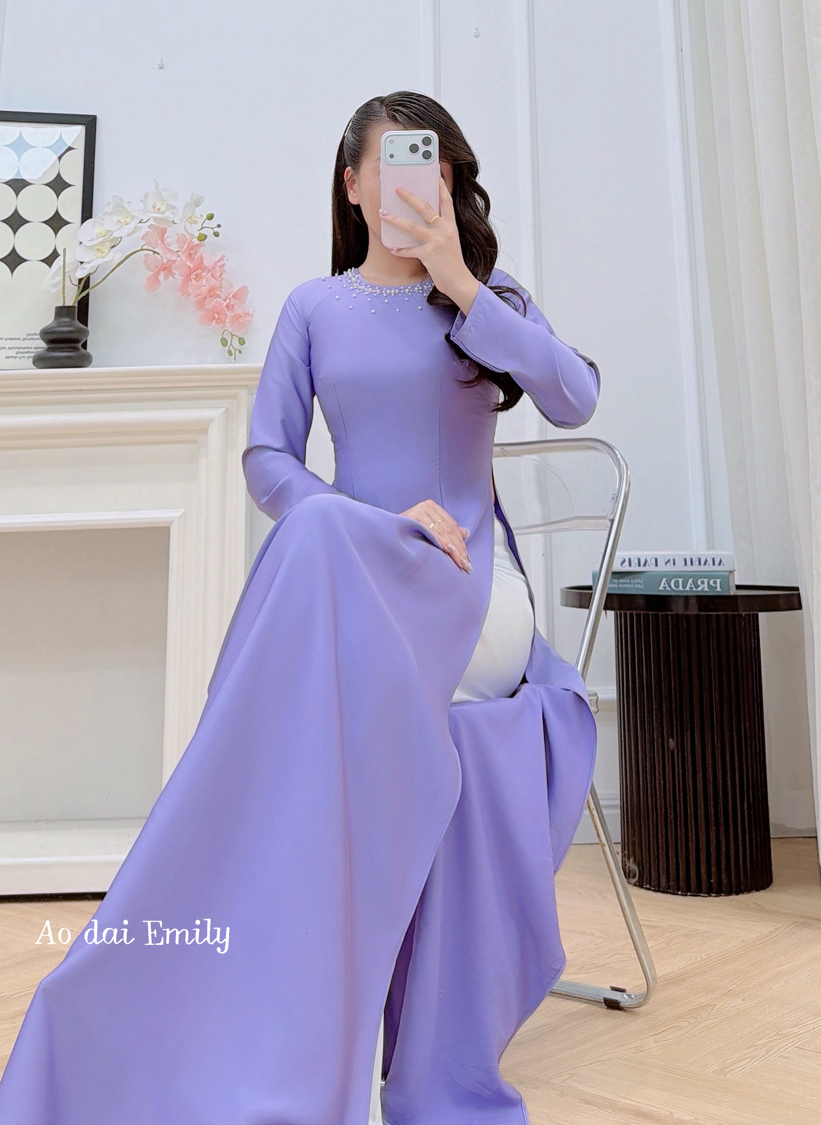 Simple plain Purple ao dai with beading crystals | Deutzia gracilis