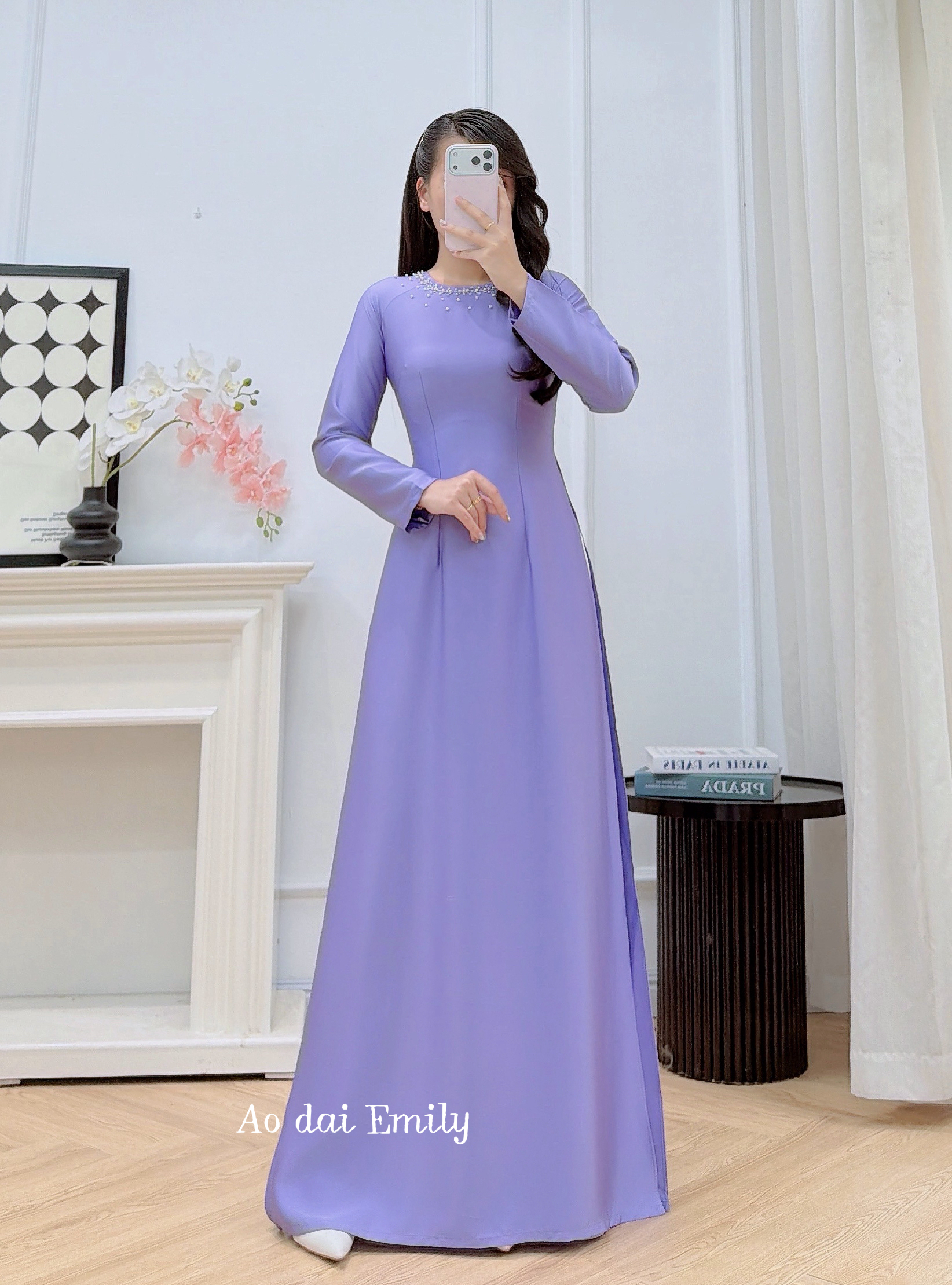 Simple plain Purple ao dai with beading crystals | Deutzia gracilis