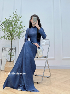 LEONA Dark blue Ao Dai Gấm with crystals collar