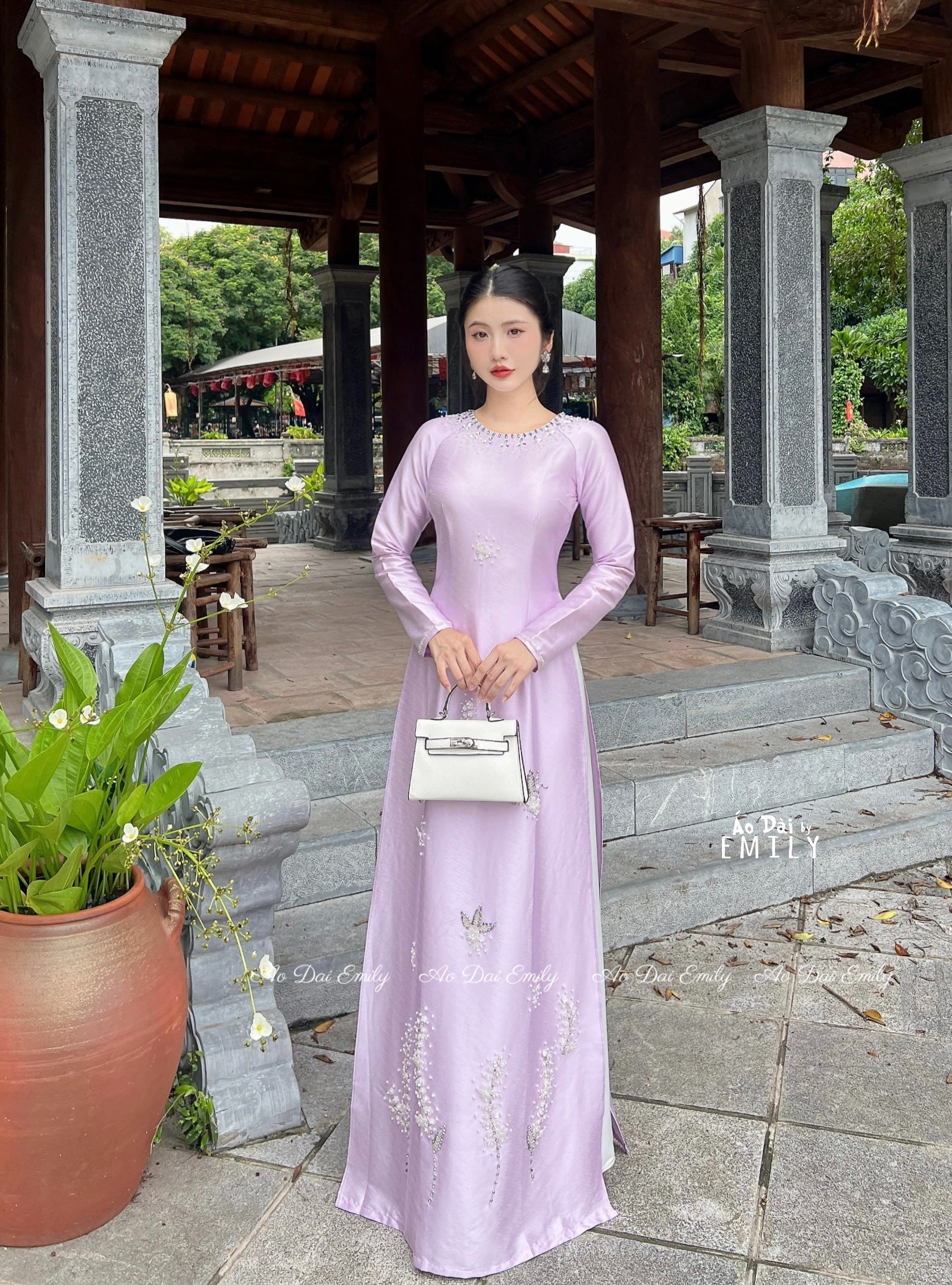 Pastel purple ao dai with hand beading designed crystals and pearls