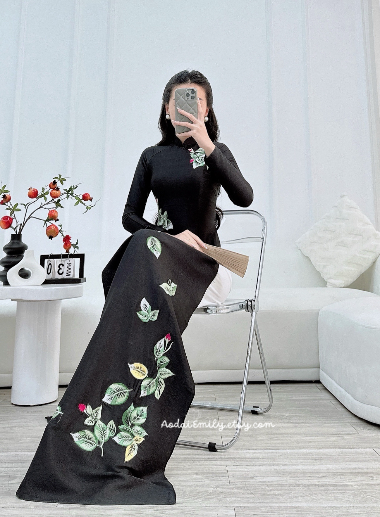 HATTIE Aó dài lụa with embroidery Flowers