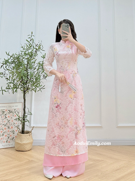 DANIELLE Pink Spring flowers pattern Modern Ao dai