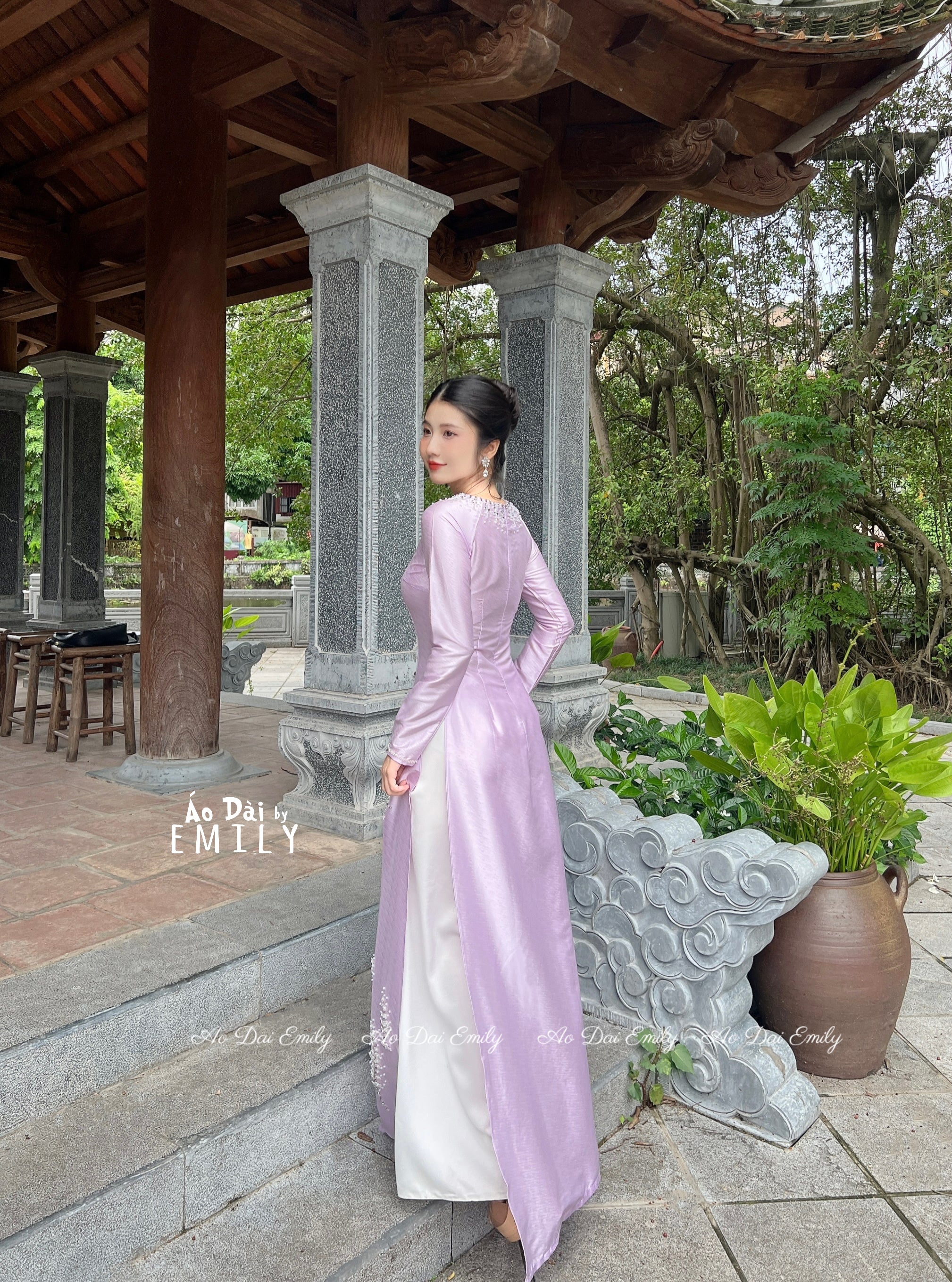Pastel purple ao dai with hand beading designed crystals and pearls