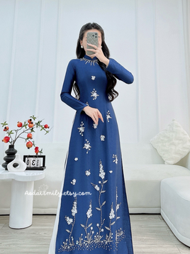 MICAH 3D flowers with Hand beading crystals Ao dai