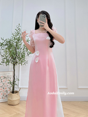 Pink  Modern Ao Dai with 3D flowers
