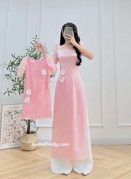 KYLA Pink Matching Mom &amp; Girl Ao Dai with 3D flowers