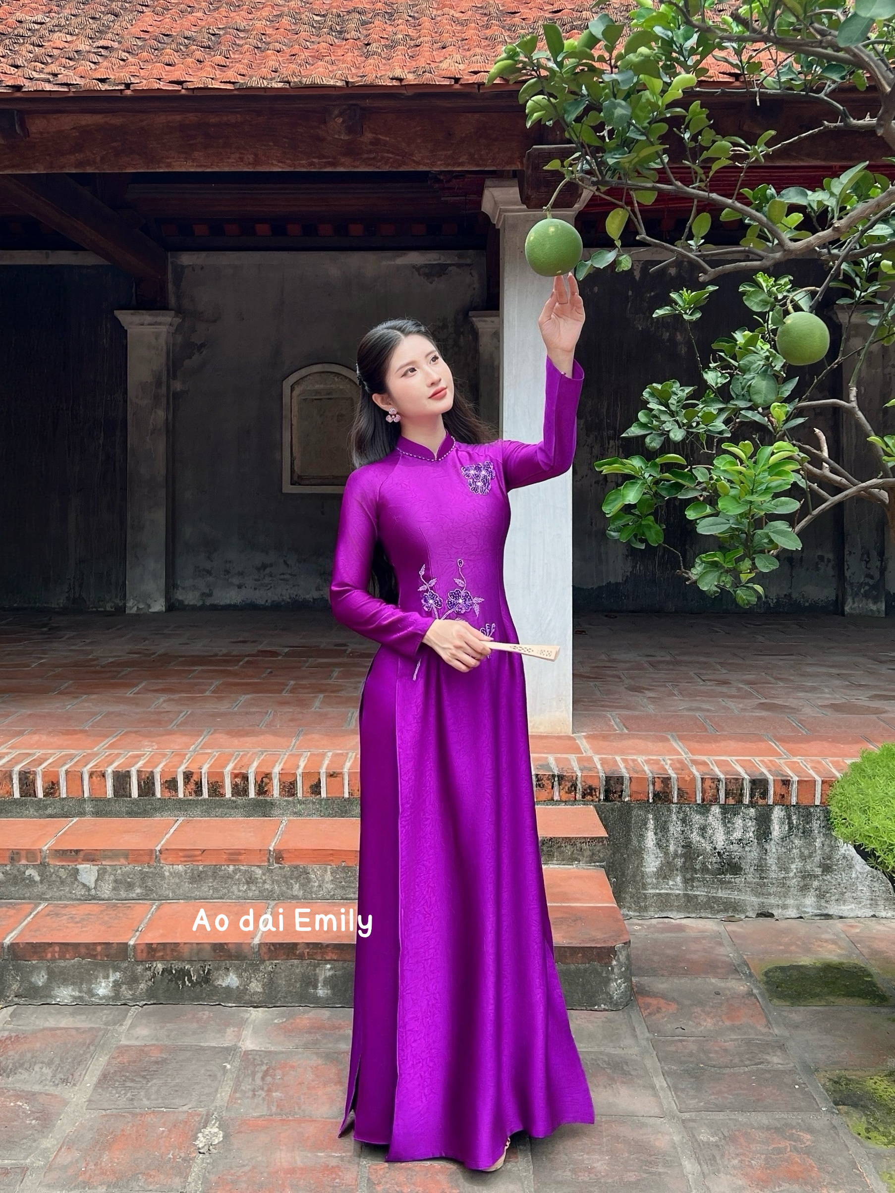 Purple ao dai set with crystal beading design | Japanese anemone