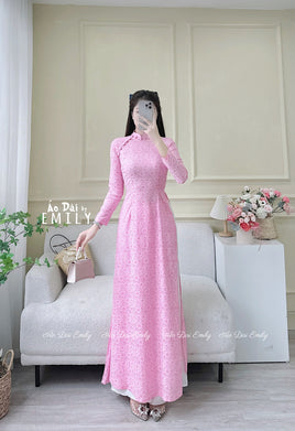 CARMEN Ao dài Gam| Pink daisy pattern Ao dai with buttons collar