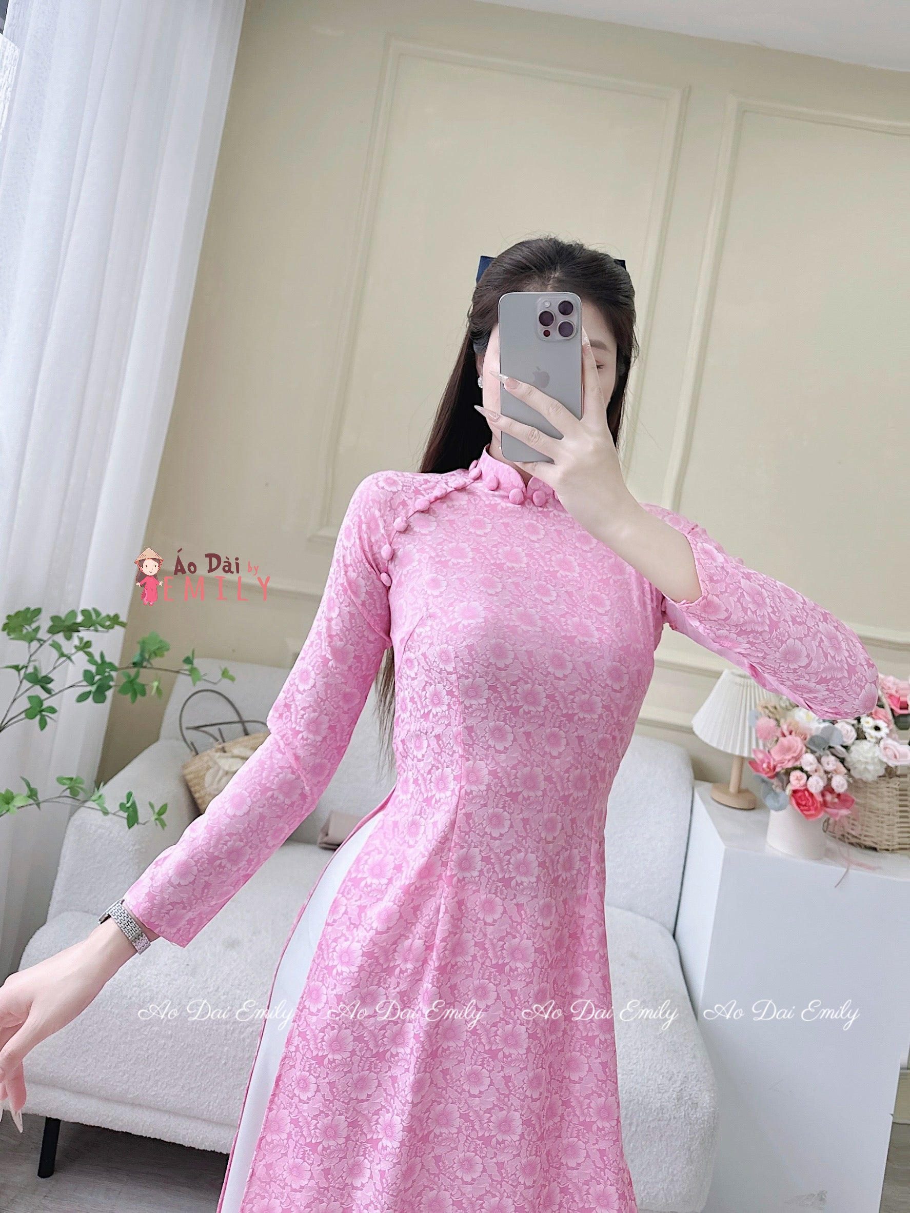 Ao dài Gam| Pink daisy pattern Ao dai with buttons collar