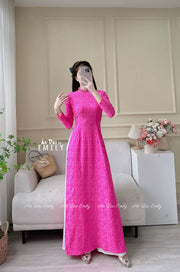 Ao dài Gam| Pink daisy pattern Ao dai with crystals collar