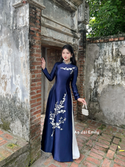 Dark Blue Traditional ao dai with embroidery and pearls | Globe flower