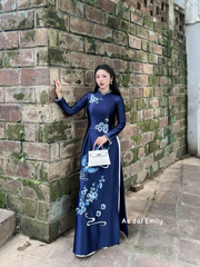 Dark Blue Traditional ao dai with embroidery and crystals| Gerbera Daisy|