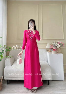 YUSRA Fuchsia ao dai with hang beading crystals flowers