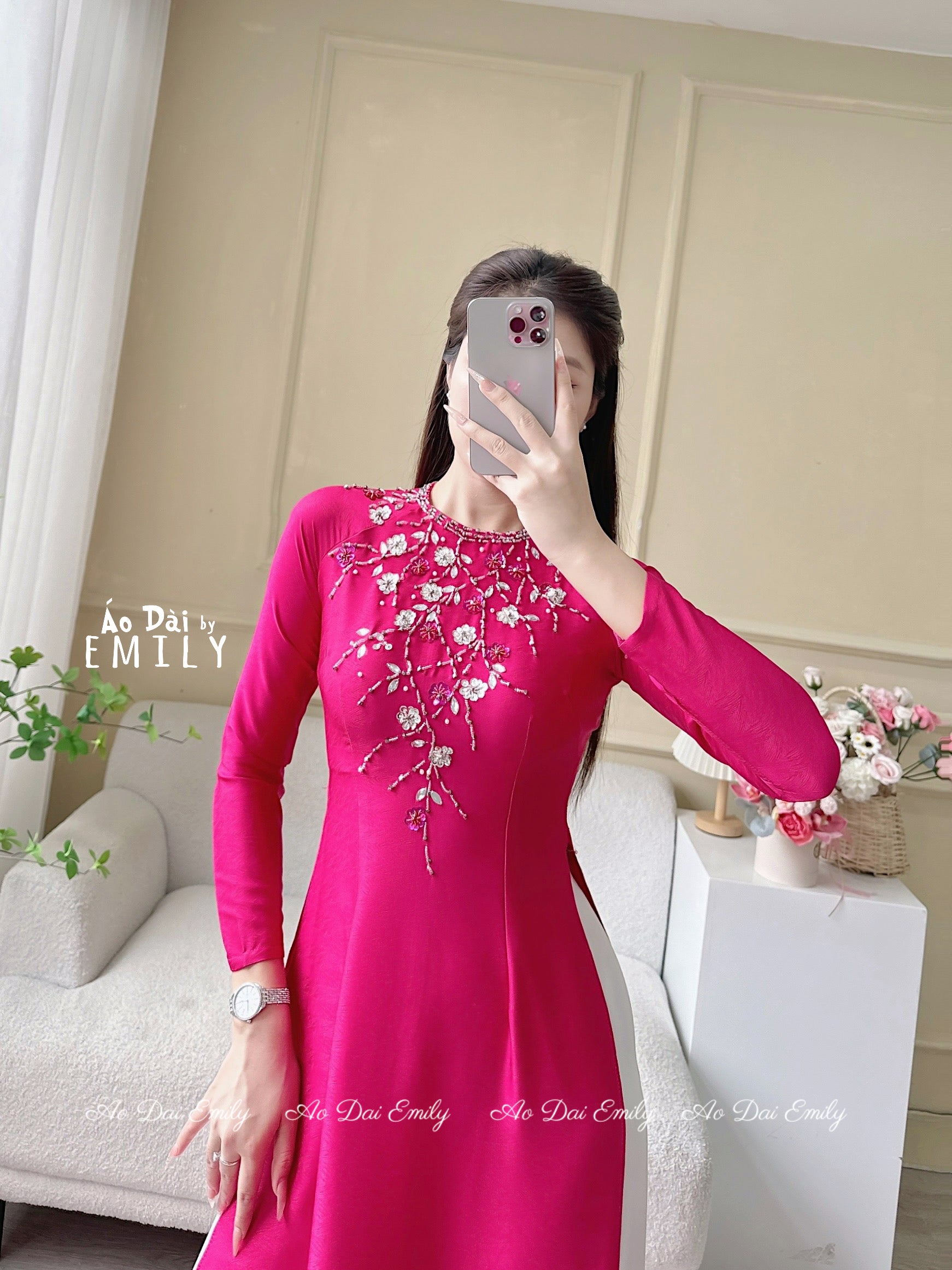Fuchsia ao dai with hang beading crystals flowers