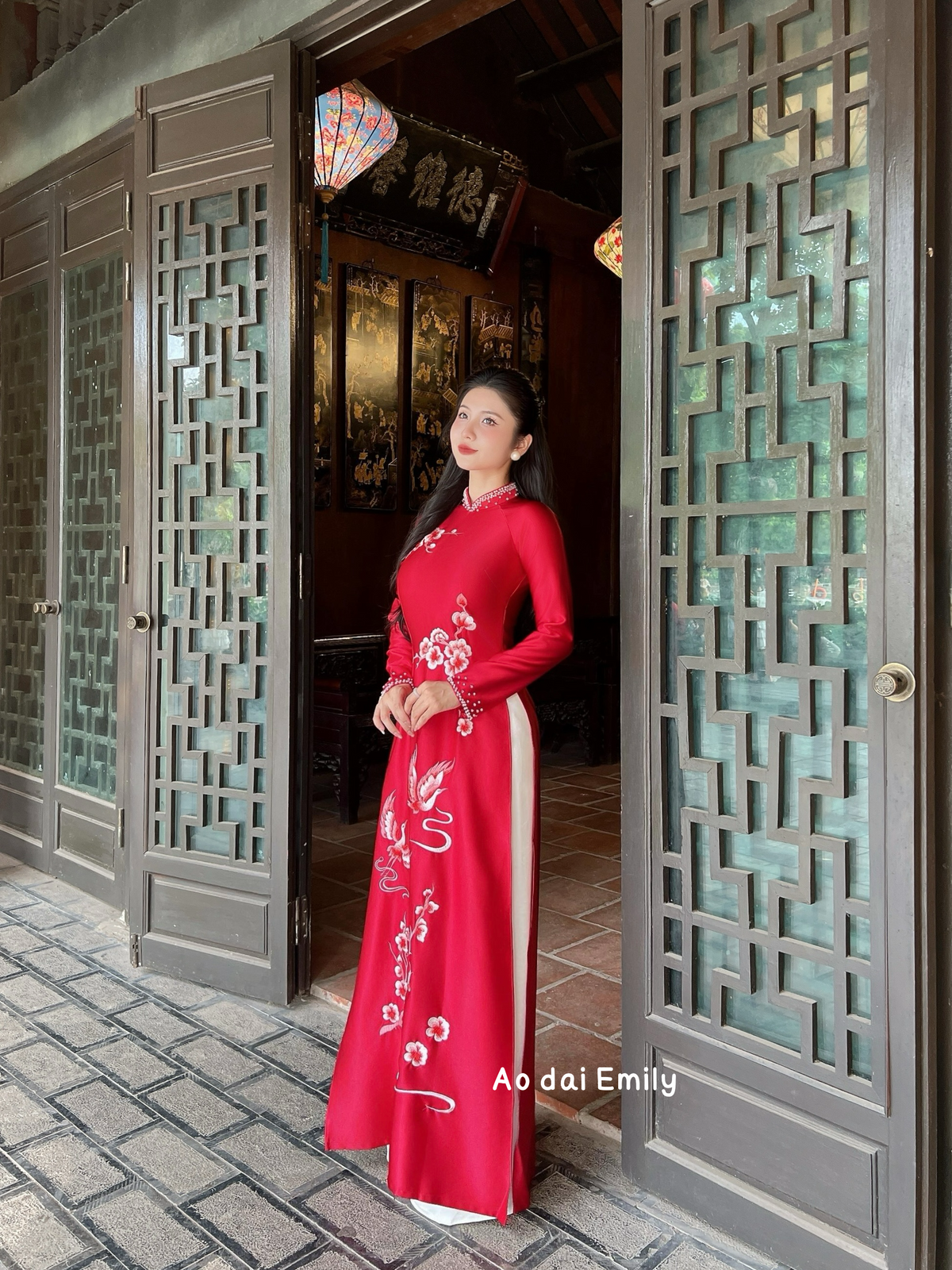 Red Traditional ao dai with embroidery and crystals |Garden Balsam
