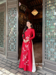 Red Traditional ao dai with embroidery and crystals |Garden Balsam