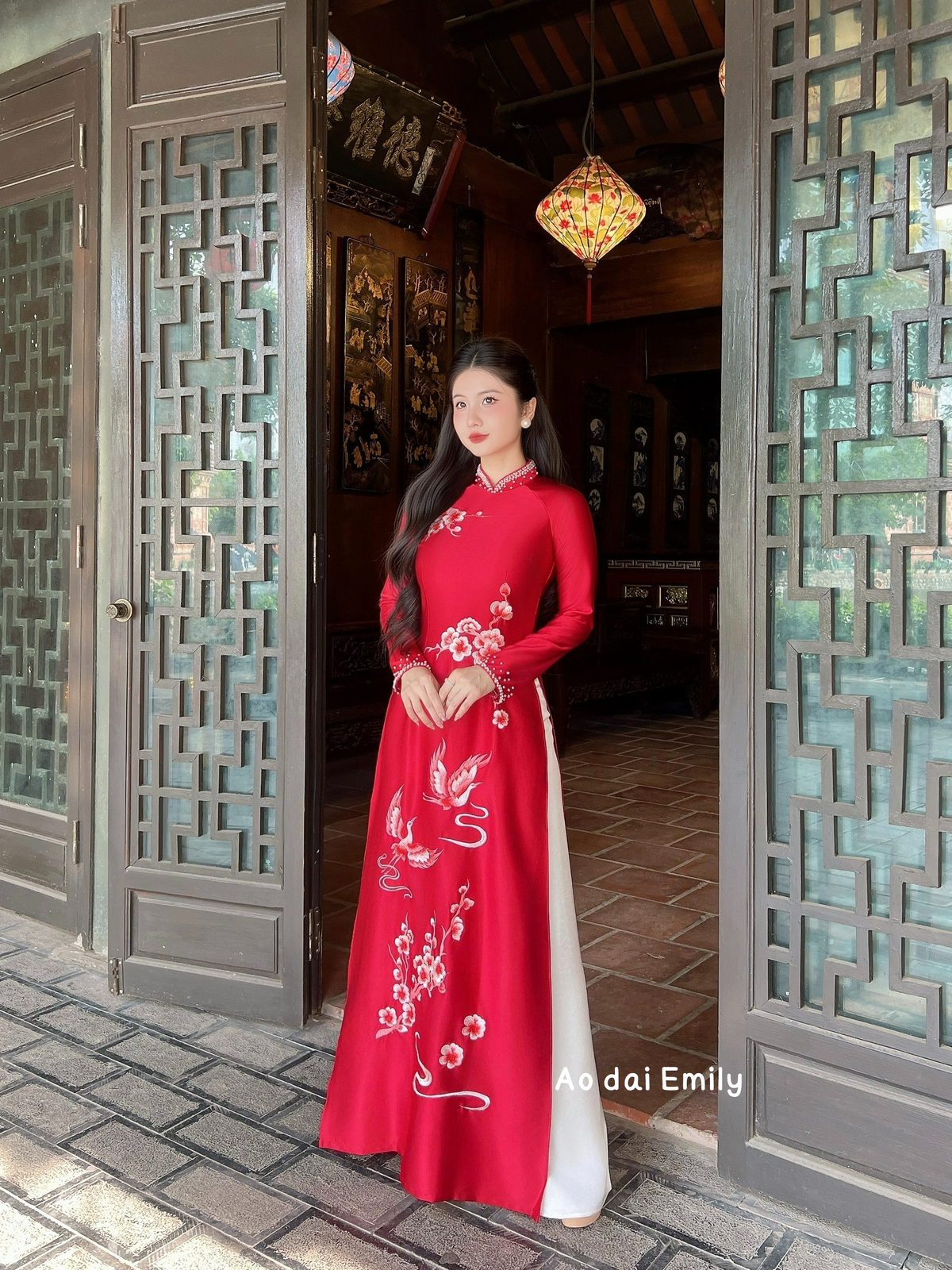 Red Traditional ao dai with embroidery and crystals |Garden Balsam