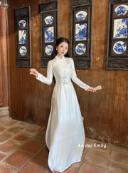 White ao dai set with crystal beading design | King's mantle