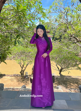 ADELYNN Purple ao dai with designed crystals collar
