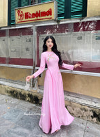 VICKY Pink Ao Dai Set with embroidery flowers
