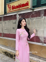 VICKY Pink Ao Dai Set with embroidery flowers