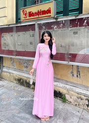 Pink Ao Dai Set with embroidery flowers