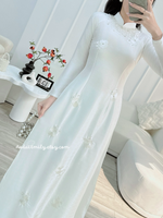 AMELIA White ao dai| Hand beading Collar n embroidery flowers with crystals