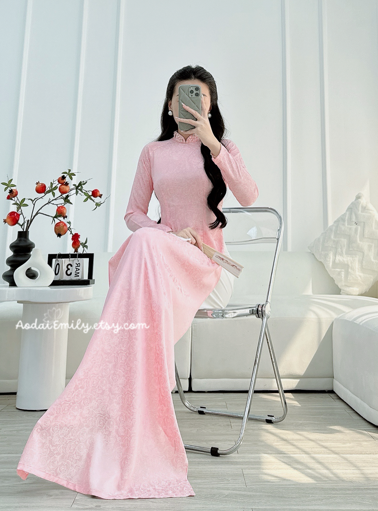 AURORA Rose patterns Pink Pre made ao dai with crystals collar