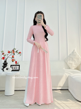 AURORA Rose patterns Pink Pre made ao dai with crystals collar