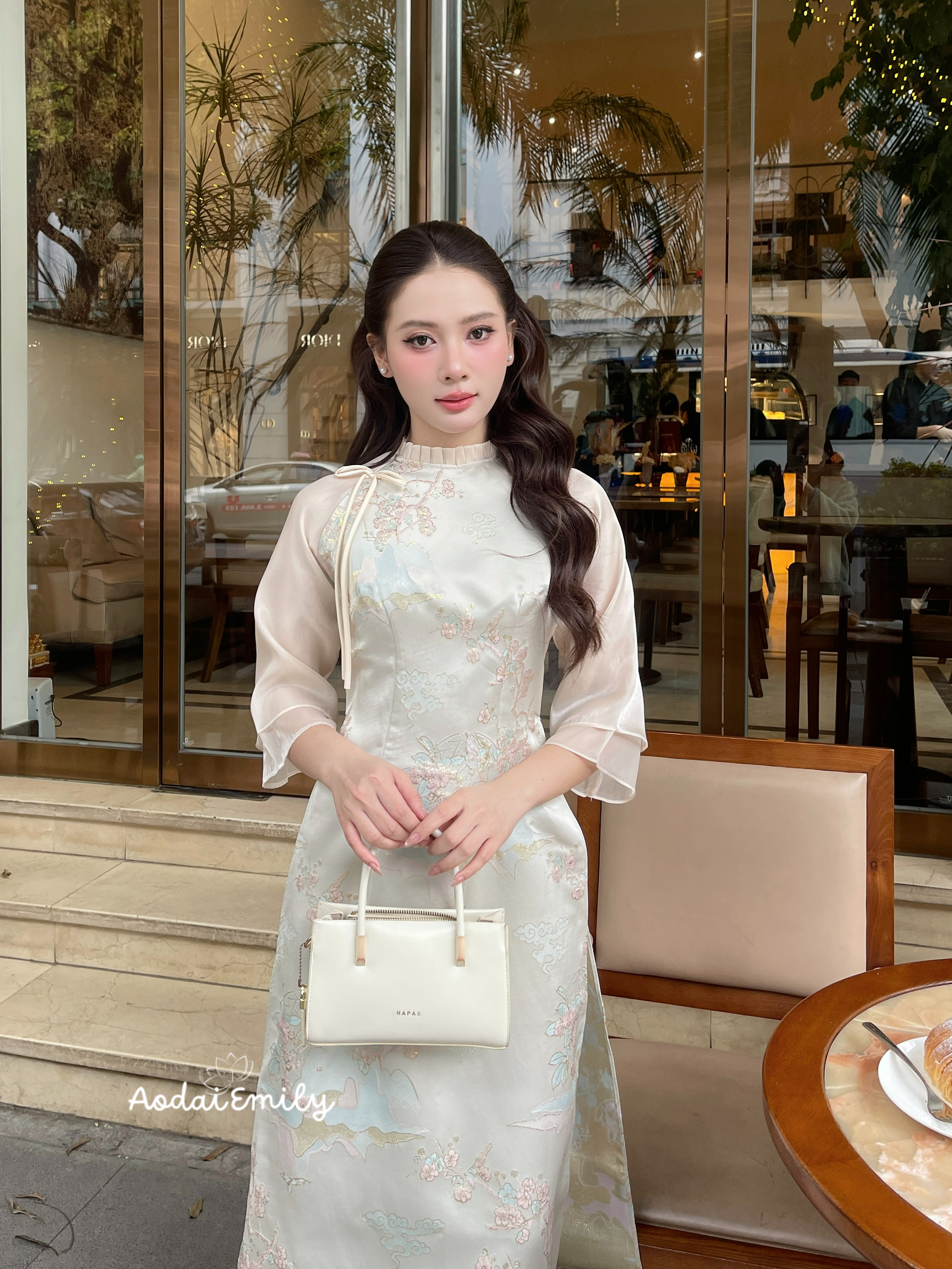 Beige Neutral color Ao Dai with spring patterns