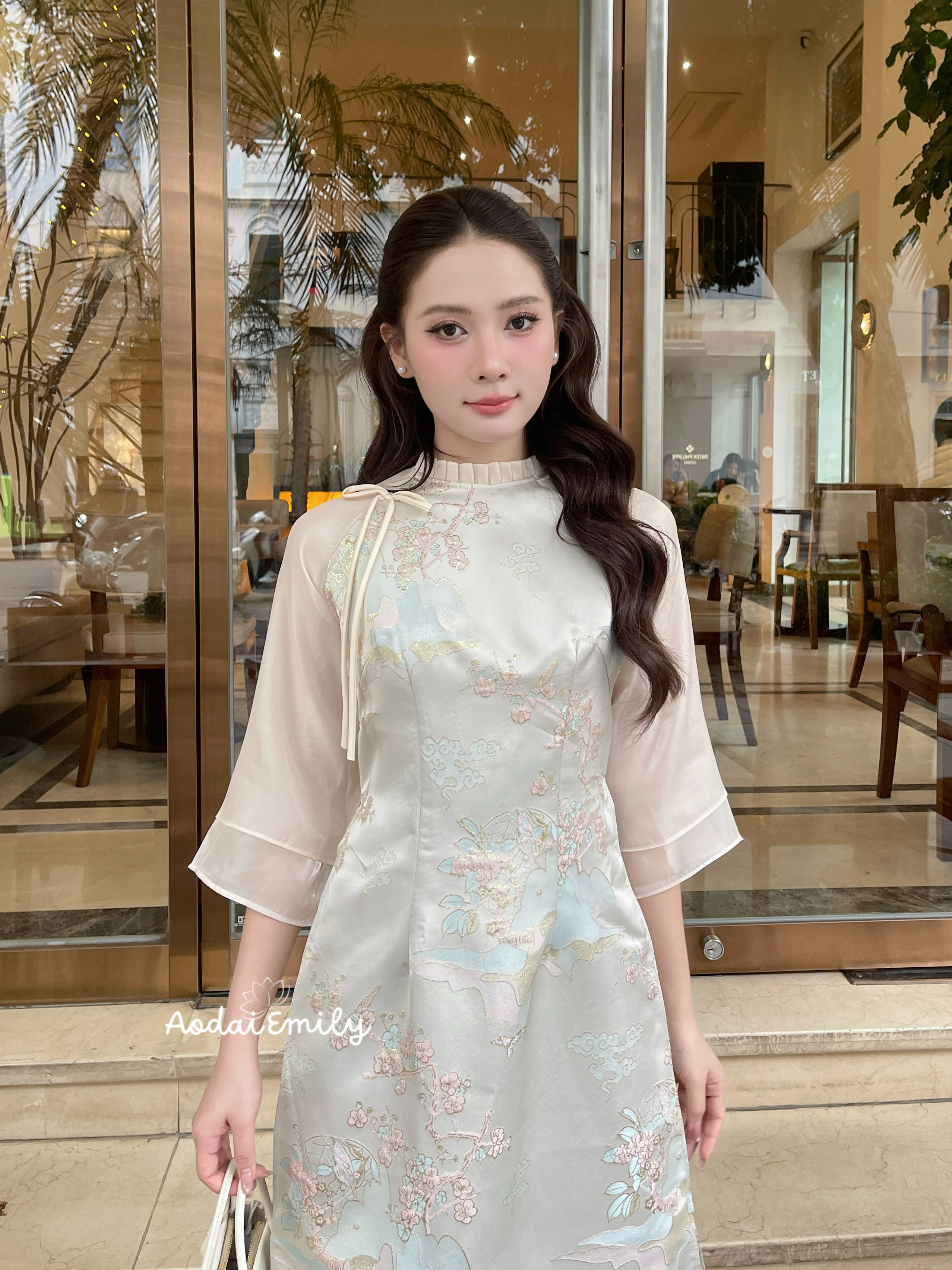 Beige Neutral color Ao Dai with spring patterns