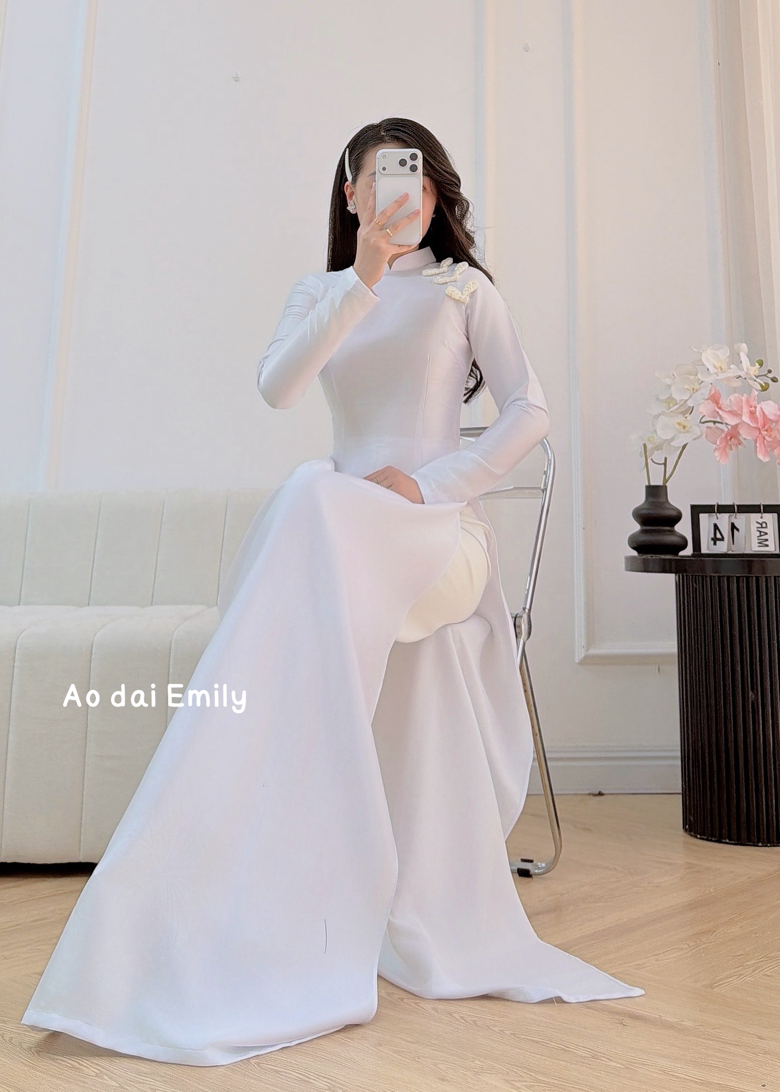 White Pre made ao dai with buttons| Spring starflowers