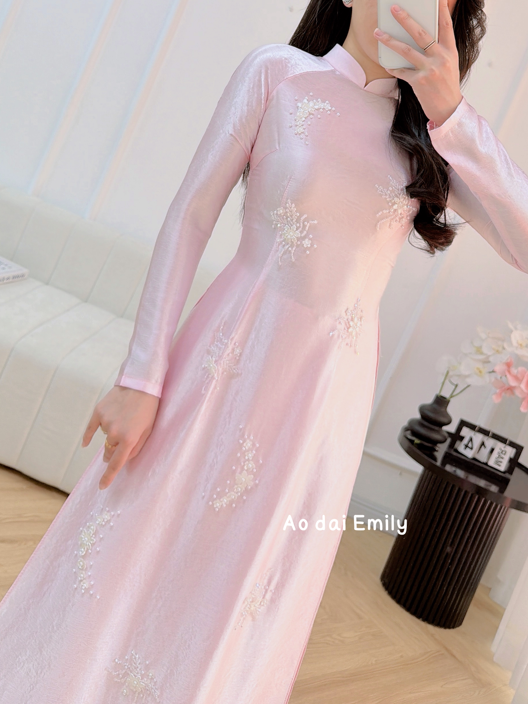 Pastel Pink  ao dai with beading crystals and pearls | Stonecrop
