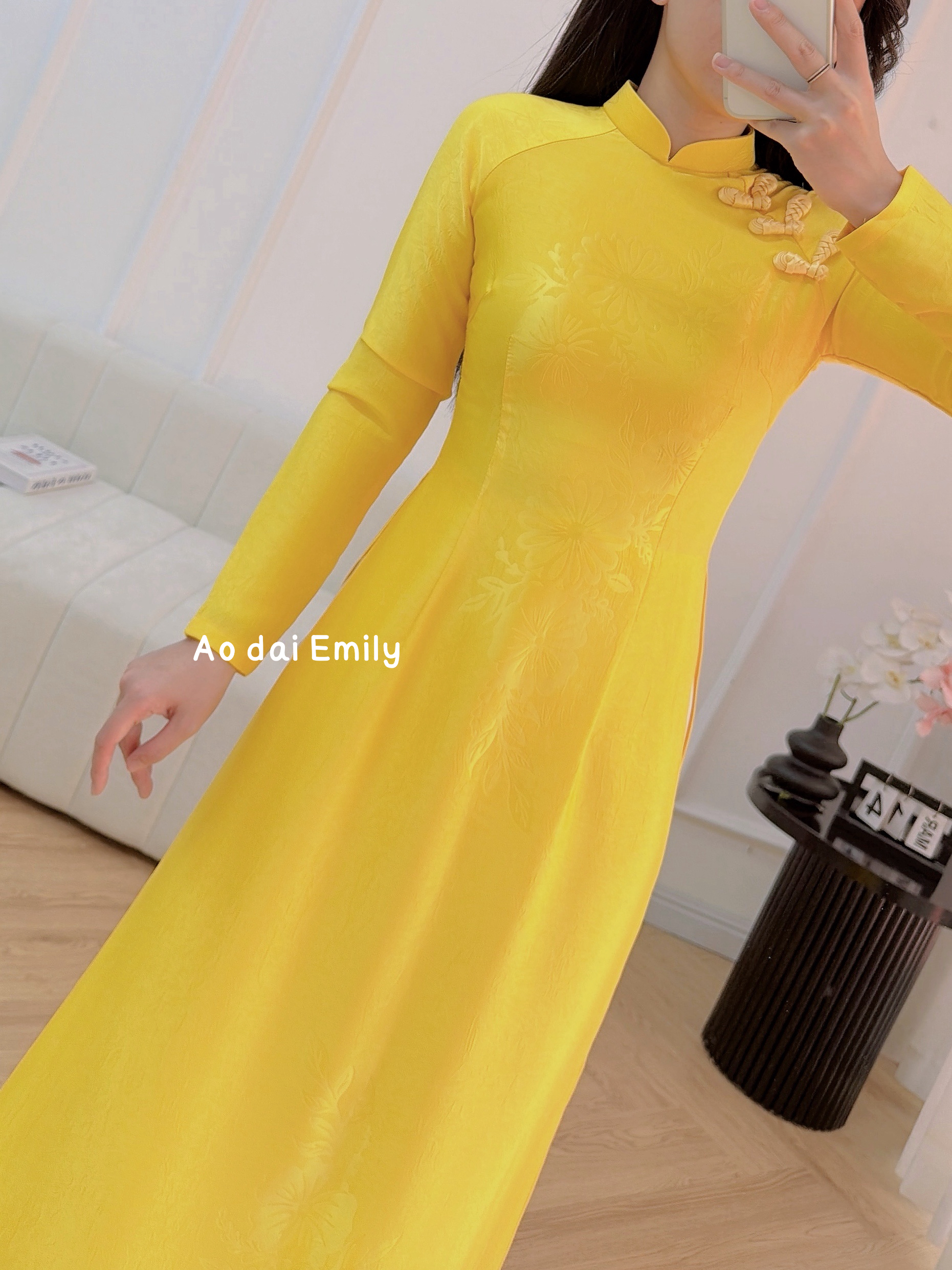 Yellow Pre made ao dai with design buttons| Yellow daisy