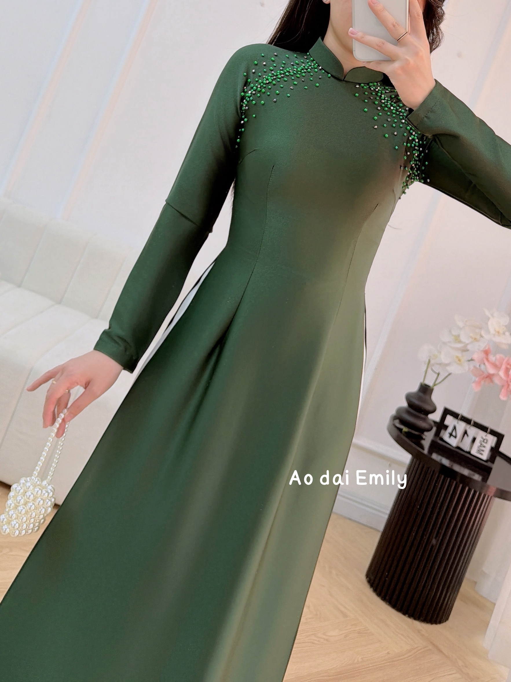 Dark Green ao dai with crystals| Spring blossom