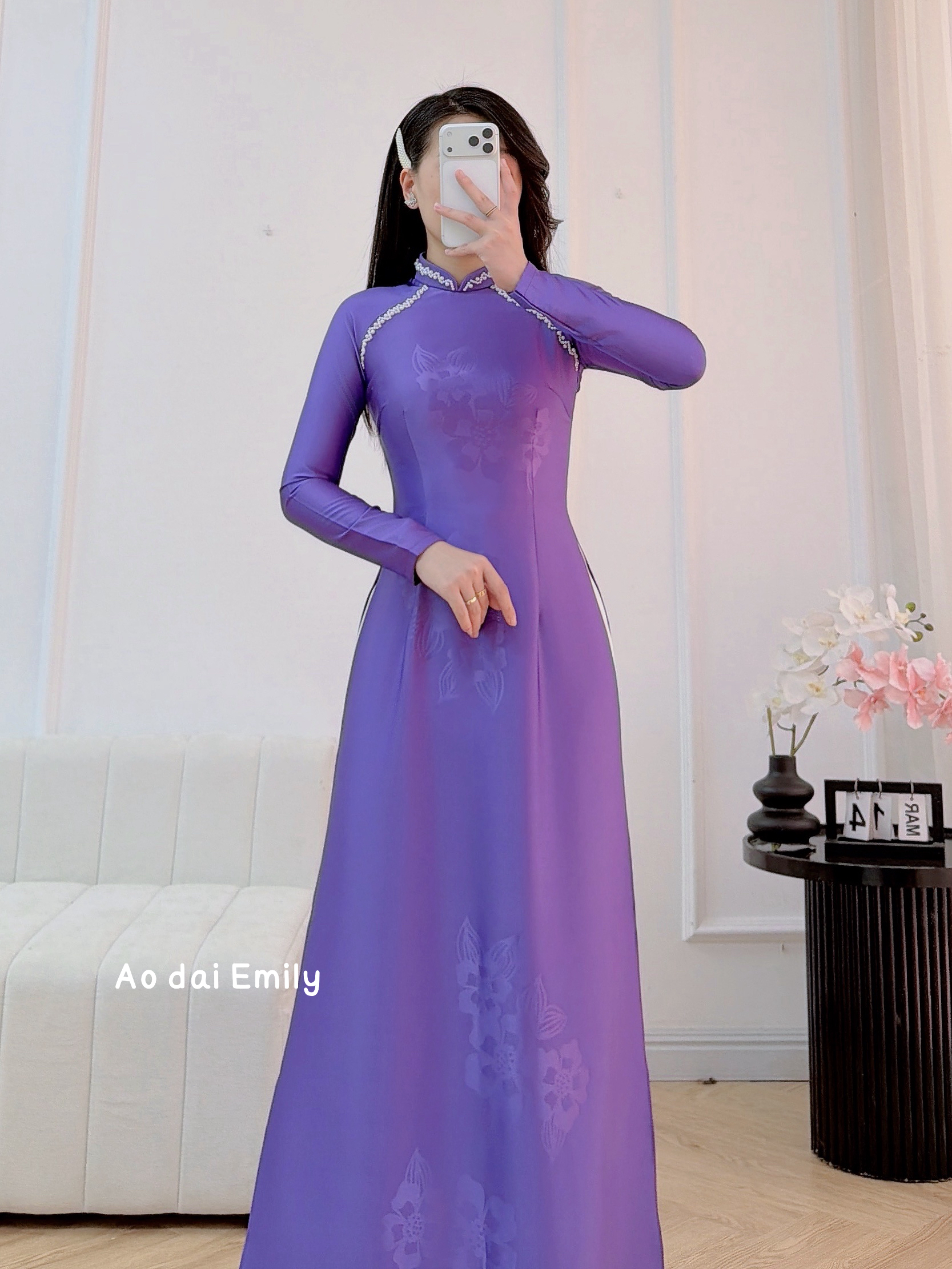 Purple Pre made ao dai with design Pearls collar| Star jasmine
