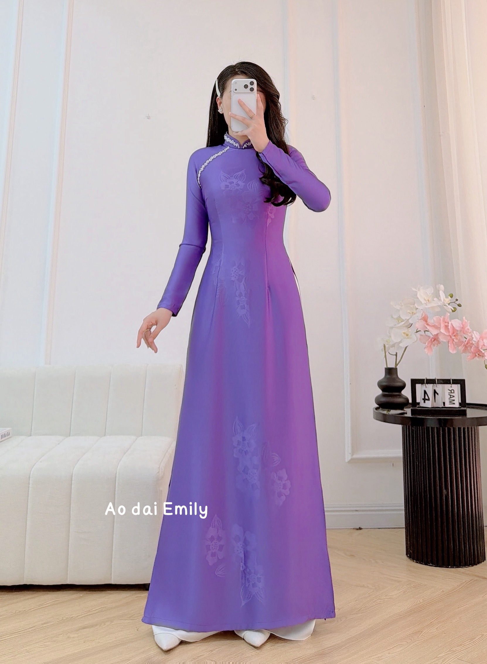 Purple Pre made ao dai with design Pearls collar| Star jasmine